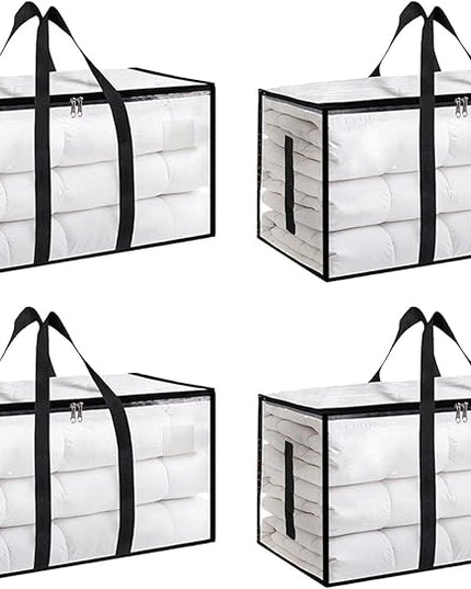 4 Pack-Extra Large Heavy Duty Moving Bags - Waterproof Storage Totes with Handles & Zippers, Foldable for College Dorm, Storage (Clear)