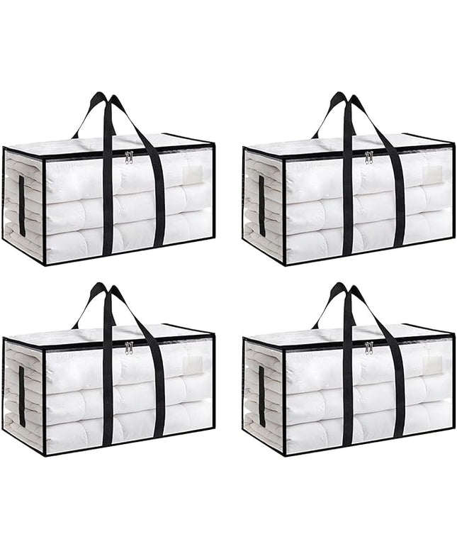 4 Pack-Extra Large Heavy Duty Moving Bags - Waterproof Storage Totes with Handles & Zippers, Foldable for College Dorm, Storage (Clear)