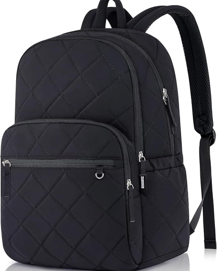 College Laptop Backpack, School Backpack for Girls Boys, Quilted Casual Daypack, Water-Resistant Bookbag for 15.6 Inch Laptop, Black