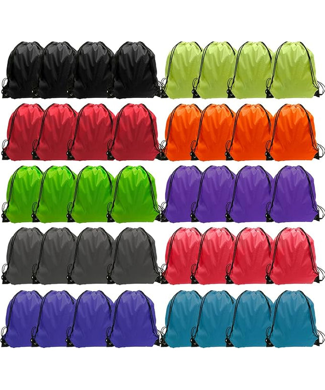 GoodtoU 40 Pack Drawstring Backpacks Bulk - Waterproof Nylon Cinch Bags for School, Gym, Homeless Care Packages (10 Colors) - Lightweight Reusable Sports Sack for Kids & Adults