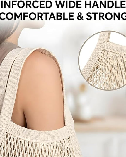 Mesh Grocery Bags 4 Pack, Reusable Cotton String Shopping Totes with Long Handles, Heavy Duty Holds 40lbs for Farmers Market, Produce, Fruit, Vegetable Storage & Beach