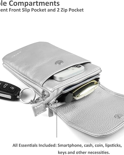 befen Genuine Leather Small Crossbody Bags for Women Cell Phone Bag Cross Body Purses,Silver Zipper