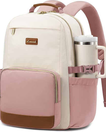 LOVEVOOK Laptop Backpack for Women with Pouch Pocket for Large Capacity Cup,15.6 Inch Teacher Nurse College Work Backpack Purse,Waterproof Laptop Bag Computer Back Pack for Travel, Beige-Pink-Brown