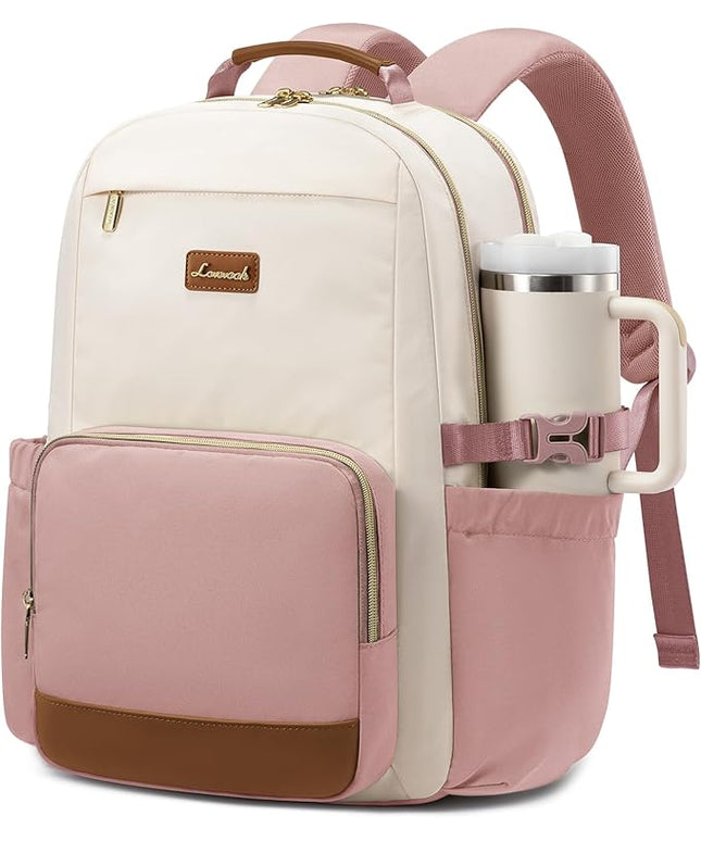 LOVEVOOK Laptop Backpack for Women with Pouch Pocket for Large Capacity Cup,15.6 Inch Teacher Nurse College Work Backpack Purse,Waterproof Laptop Bag Computer Back Pack for Travel, Beige-Pink-Brown