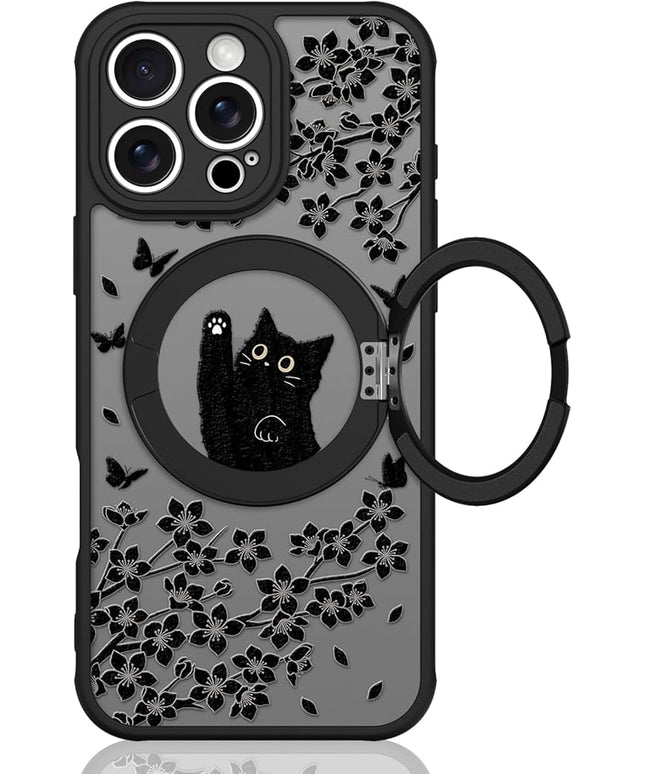 Cute Case for iPhone 16 Pro Case with Stand [ Compatible with MagSafe ] Kawaii Black Cat & Floral & Butterflies Pattern Design 360 Magnetic Ring Kickstand Phone Cover for Women Girls Boys