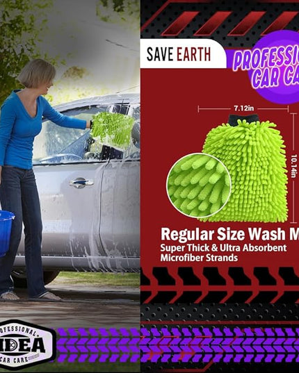 AIDEA Car Wash Mitt Microfiber, 2PK Scratch Free Lint-Free, Premium Chenille Microfiber Mitt Car Wash Brush, Green & Blue, Regular Size 7.12''X10.14''