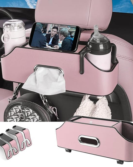 HOLDCY Car Back Seat Organizer with 2 Drink Cup Holder - Tissue Box and Storage Box Hook - Multi-functional Storage - Great for Kids and Travel (Pink)