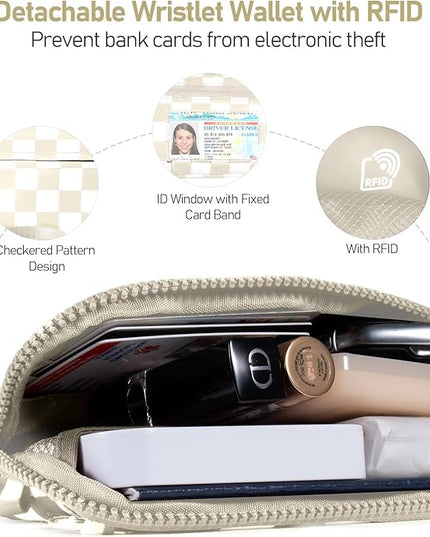 Clip and Go Strap for Phone with Wallet Crossbody Phone Lanyard and Detachable Checkered Bag with ID Window and RFID Pouch for Daily Travel.