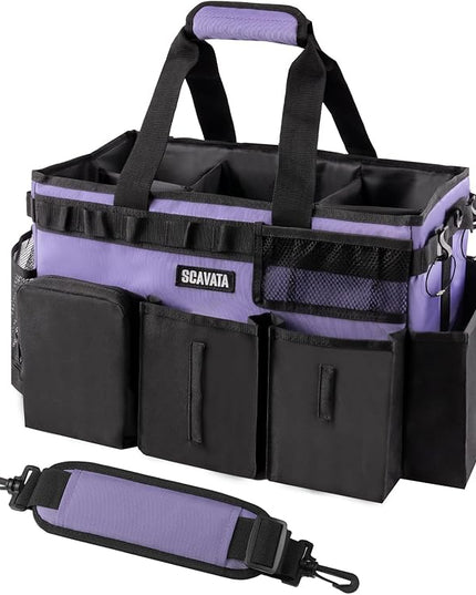 Wearable Cleaning Caddy Bag, Cleaning Caddy Supplies Organizer with Handle & Shoulder Straps for Housekeepers, Under Sink & Car Cleaning Tool Organizers with 4 Foldable Divider (Purple)