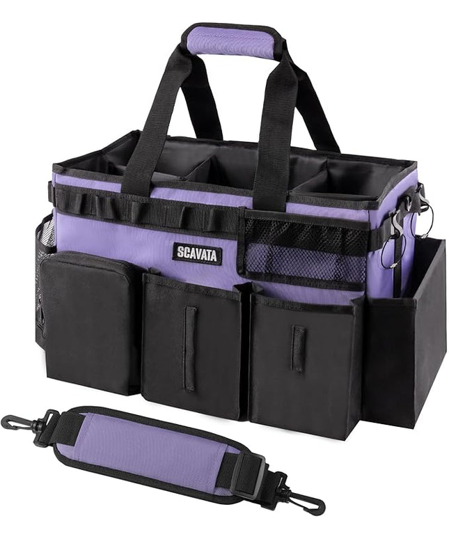 Wearable Cleaning Caddy Bag, Cleaning Caddy Supplies Organizer with Handle & Shoulder Straps for Housekeepers, Under Sink & Car Cleaning Tool Organizers with 4 Foldable Divider (Purple)