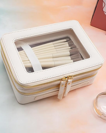 Aveniee Large Clear Makeup Bags, Double Layer Cosmetic Bags with Separate Brush Compartment, Travel Toiletry Bag Cosmetic Train Case, Travel Accessories Organizer for Women(2 Layers, White)