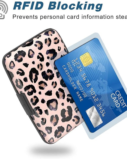 Atufsuat Credit Card Holder, Mini Aluminum Card Wallet RFID Blocking Slim Metal Hard Card Case for Women Men, Pink Leopard