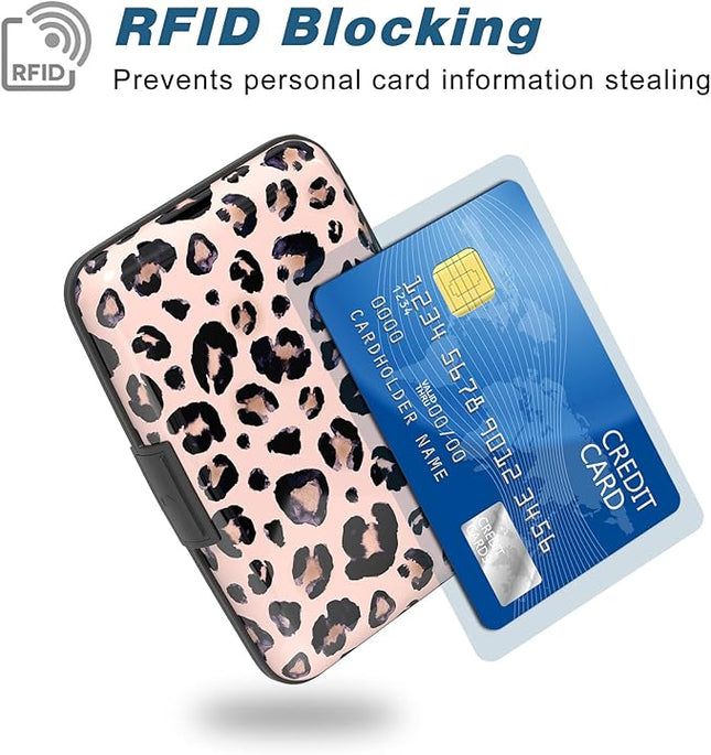 Atufsuat Credit Card Holder, Mini Aluminum Card Wallet RFID Blocking Slim Metal Hard Card Case for Women Men, Pink Leopard