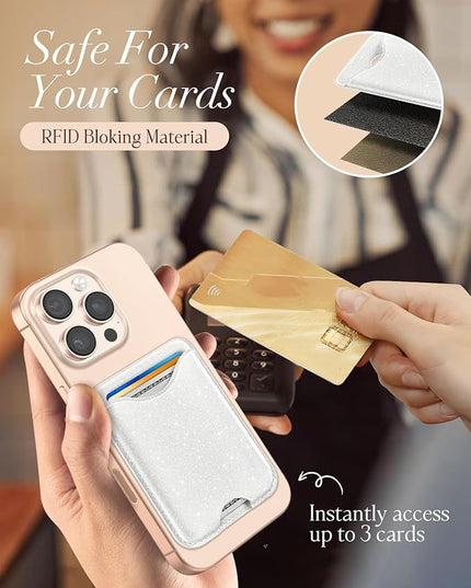 Shorogyt Phone Wallets Compatible with Magsafe Wallet Glitter - Magnetic Card Holder White for Women Teen Girls for iPhone 17/16/15/14/13/12 Series Slim for Apple Mag RFID Magnet, Fit 3 Cards