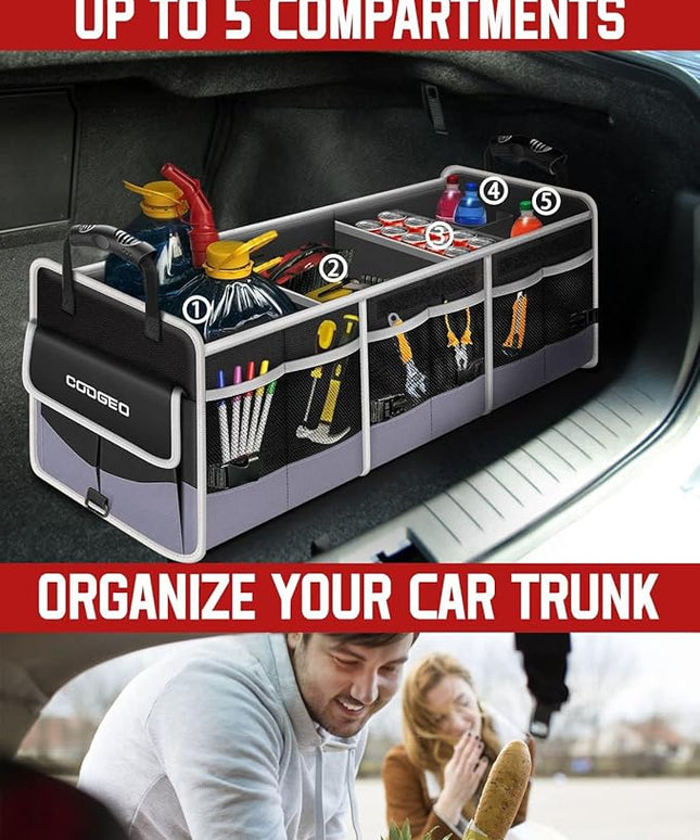 Car Trunk Organizer with Portable Leak Proof Cooler Bag, 3 Compartments Collapsible Car Organizers and Storage with Foldable Cover, Christmas Gifts, Suitable for SUV, Auto, Truck, Minivan