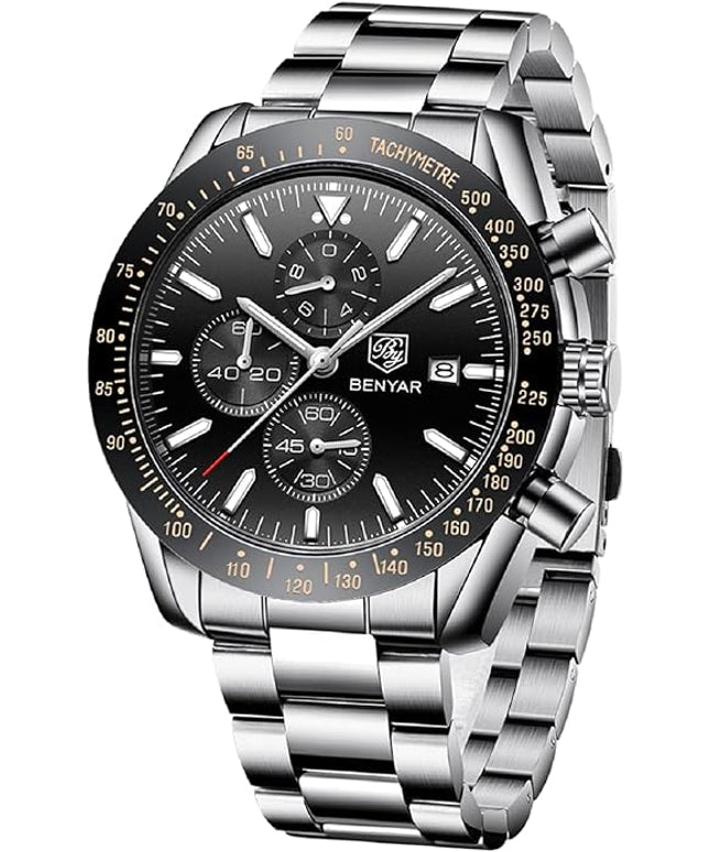 BY BENYAR Watch for Men Analog Quartz Chronograph Waterproof Luminous Designer Mens Wrist Watches Business Work Sport Casual Dress Watch with Silicone Strap Elegant Gifts for Men