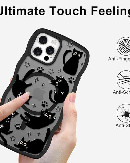 Cute Case for iPhone 12 Pro Case [Compatible with MagSafe] with Kawaii Black Cats Cat Print Pattern Design for Women Girls, Soft Wavy Edge Anti-Slip Animal Magnetic Protective Phone Cover