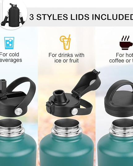 Water Bottle Insulated 32oz 40oz 64oz 128oz Straw Lid Spout Lid & 3 Lids, Leak Proof, Vacuum Insulated,Stainless Steel Water Bottle Wide Mouth for Sports, Gym or Office