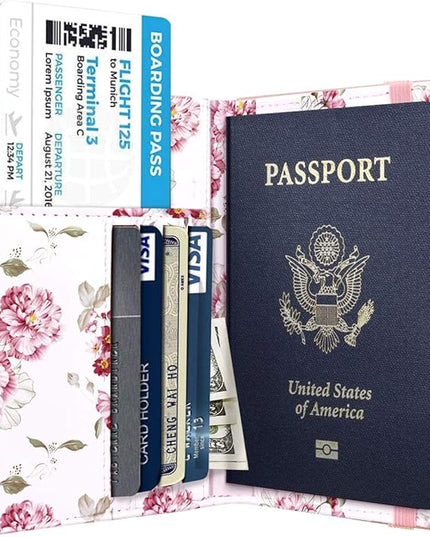 Passport Holder Cover Travel RFID Blocking Passport Cover Rose Gold Cute Flowers Passport Wallet with Elastic Band for Women