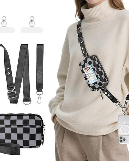 Clip and Go Strap for Phone with Wallet Crossbody Phone Lanyard and Detachable Checkered Bag with ID Window and RFID Pouch for Daily Travel.