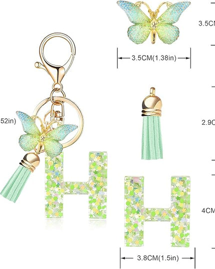 Fashion Alphabet Initial Letter Keychain Tassel Butterfly Pendant Key Ring for Purse Handbags Women Girl