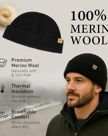 TOP-EX PolarWool™ 100% Merino Wool Fisherman Beanie Hat | Soft Single Layer Warm Short Sailor Trawler Cap for Men Women
