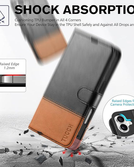 TUCCH Case Wallet for iPhone 16, Magnetic PU Leather Kickstand Flip Cover with 4 Card Slot Shockproof TPU Interior Shell, [RFID Blocking] Folio Case Compatible with iPhone 16 5G, Black & Brown
