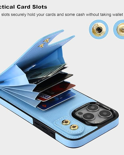 Folosu Compatible with iPhone 16 Pro Max Case Wallet with Card Holder, 360°Rotation Finger Ring Holder Kickstand, RFID Blocking Leather Protective Double Buttons Shockproof Cover 6.9 Inch Blue