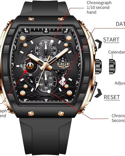 Mens Watches,Unique Rectangular Quartz Analog Watch,Outdoor Sports Multi-Function Watch,Chronograph/Waterproof/Luminous/Calendar,Durable Silicone Strap Mens Casual Watches