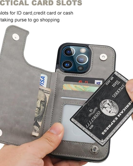 ONETOP Compatible with iPhone 13 Pro Max Wallet Case with Card Holder,PU Leather Kickstand Card Slots Case, Double Magnetic Clasp and Durable Shockproof Cover 6.7 Inch(Gray)