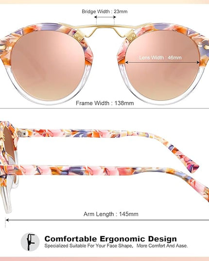 CARFIA Small Face Acetate Polarized Sunglasses for Women UV Protection, Retro Double Bridge Eyewears Metal Brow Round Sunnies