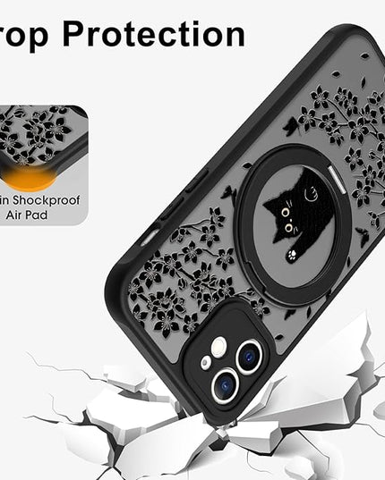 Cute Case for iPhone 12 Case with Stand [ Compatible with MagSafe ] Kawaii Black Cat & Floral & Butterflies Pattern Design 360 Magnetic Ring Kickstand Phone Cover for Women Girls Boys