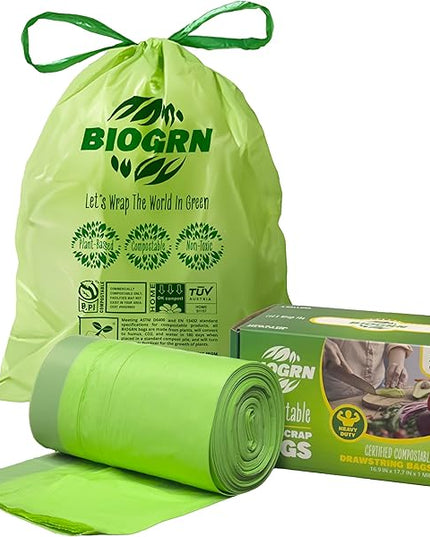 2.6-3 Gallon Compostable Trash Bags Drawstring 50 Bags Extra Thick 1 Mil 11.36 Liter Small Biodegradable Trash Bags for Kitchen Countertop Bin ASTM D6400, US BPI and OK Compost Home Certified