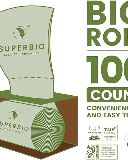 SUPERBIO 2.6 Gallon Compostable Food Waste Bags, 100 Count, 1 Pack, Flat Top Food Scrap Bags， ASTM D6400，Certified by BPI and OK compost INDUSTRIAL,9.84L