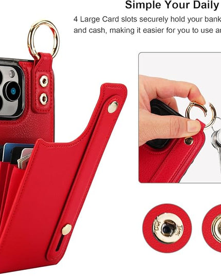 Folosu for iPhone 16 Pro Max Wallet Case with Card Holder, Hand Wrist Strap Loop Holder Kickstand, RFID Blocking Finger Grip Ring PU Leather Double Buttons Shockproof Cover 6.9" Red