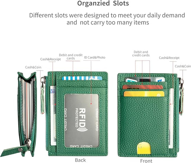 ilovever Slim Wallet for Women Small Leather RFID Blocking Credit Card Holder Minimalist Wallet with Coin Purses & Pouches,Deep Green