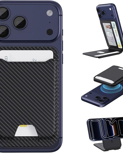 TopMade for Magsafe Wallet, Magnetic Card Holder for iPhone 17/16/15/14/13/12 Series, Strongest Magnetic Phone Wallet Stand Adjustable, 5 Cards Holder, RFID Blocking, ID Window, Black Carbon Fiber
