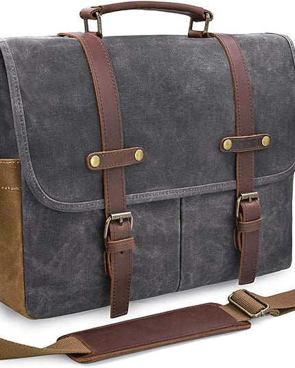 Mens Messenger Bag 15.6 Inch Waterproof Vintage Genuine Leather Waxed Canvas Briefcase Large Satchel Shoulder Bag Rugged Leather Computer Laptop Bag, Grey