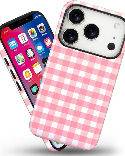 Magnetic for iPhone 17 Pro Max Case Cute Checkered Stripes Phone Case for Women Girls, Shockproof Slim TPU and Hard PC Protective Phone Cover Compatible with MagSafe Designed, Red