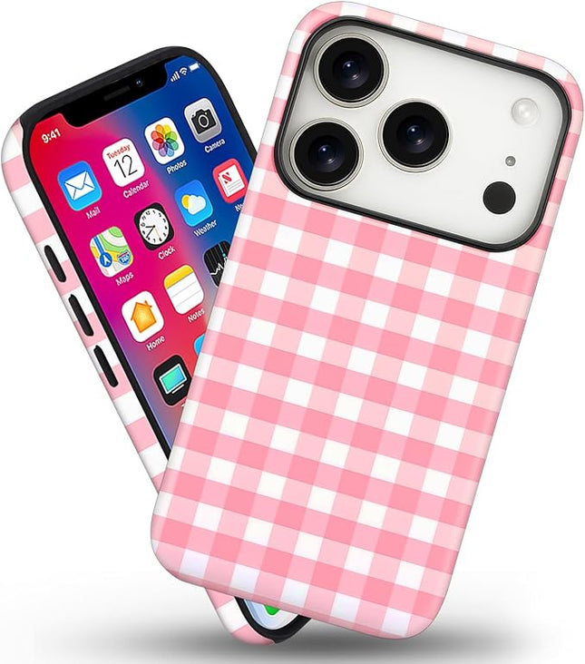 Magnetic for iPhone 17 Pro Max Case Cute Checkered Stripes Phone Case for Women Girls, Shockproof Slim TPU and Hard PC Protective Phone Cover Compatible with MagSafe Designed, Red