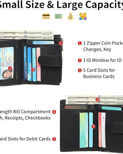 GAEKEAO Small Wallet for Women, Bifold Leather RFID Blocking Ladies Compact Card Holder with Zipper Pocket & ID Window