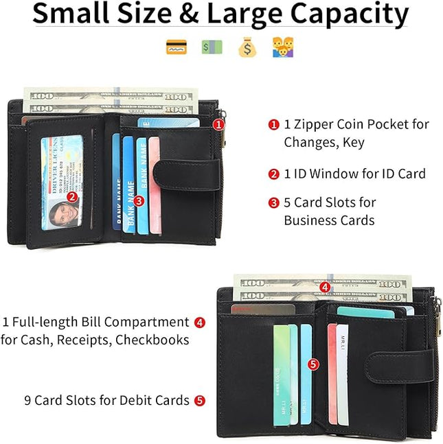GAEKEAO Small Wallet for Women, Bifold Leather RFID Blocking Ladies Compact Card Holder with Zipper Pocket & ID Window