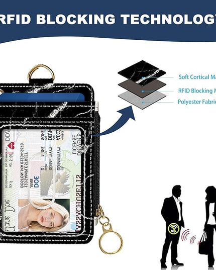 Slim Wallet Credit Card Holder, Black marble texture, RFID Wallet Women Cute Small Front Pocket Wallet With Zipper, PU Leather Thin travel RFID Blocking Card Case ID Window,Ladies Gifts