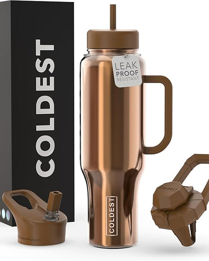 Coldest Tumbler with Handle and Straw - 100% Leak Proof Insulated Tumbler with Lid and Straw (3 Lids) - Stainless Steel Tumblers for Women & Men - Cup Holder Friendly Base, 46 oz (Asgard Gold)