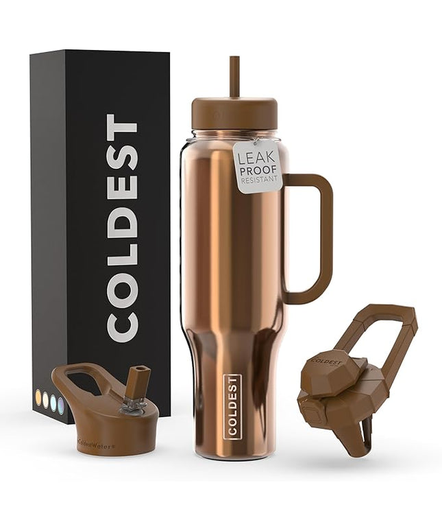 Coldest Tumbler with Handle and Straw - 100% Leak Proof Insulated Tumbler with Lid and Straw (3 Lids) - Stainless Steel Tumblers for Women & Men - Cup Holder Friendly Base, 46 oz (Asgard Gold)