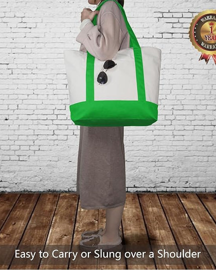 TOPDesign 3-Pack Canvas Tote Bags with an External Pocket, Reusable Grocery Shopping Bags, Top Zipper Closure, Daily Essentials (Lime Green/Natural)
