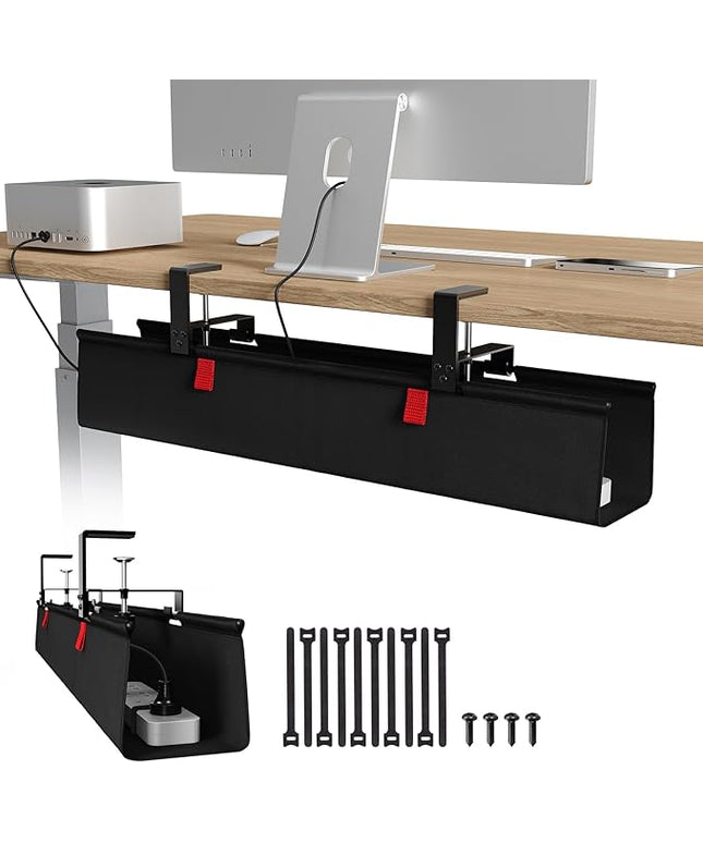 Univivi No Drill Under Desk Cable Management Tray, 28" Cord Organizer for Table, Clamp/Screw Mount Desk Cable Management, Premium Fabric Cable Management Tray for Office, Home