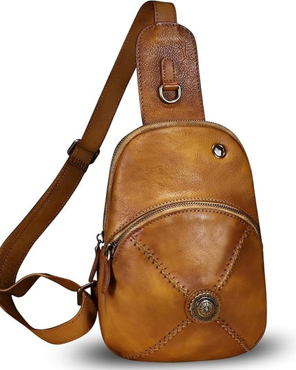 Genuine Leather Small Sling Bag for Women Crossbody Purse Handmade Hiking Daypack Retro Shoulder Backpack Vintage Chest Bags