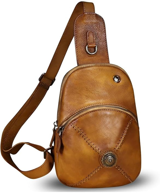 Genuine Leather Small Sling Bag for Women Crossbody Purse Handmade Hiking Daypack Retro Shoulder Backpack Vintage Chest Bags