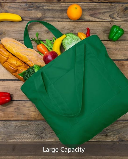 TOPDesign 1-Pack Canvas Tote Bag with an External Pocket, Reusable Grocery Shopping Bag, Top Zipper Closure, Daily Essentials (Green)